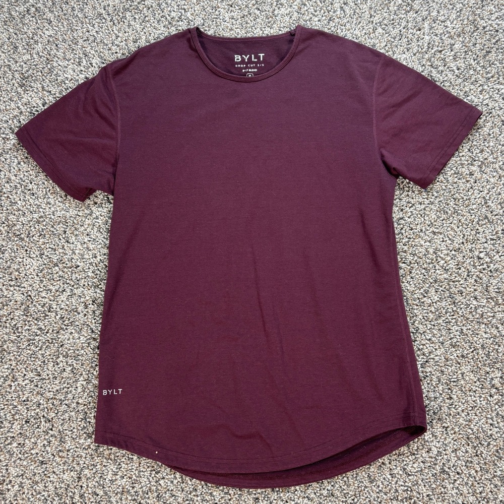 BYLT Mens Medium Shirt Basics Drop Cut SS Maroon Burgundy Curved Hem Tee